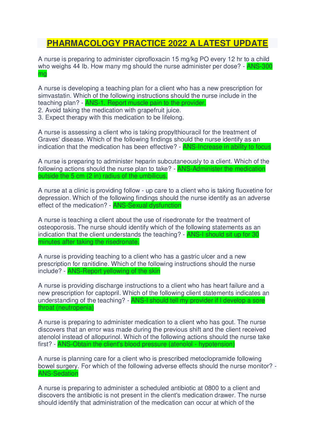 Preview image of PHARMACOLOGY PRACTICE 2022 A LATEST UPDATE document